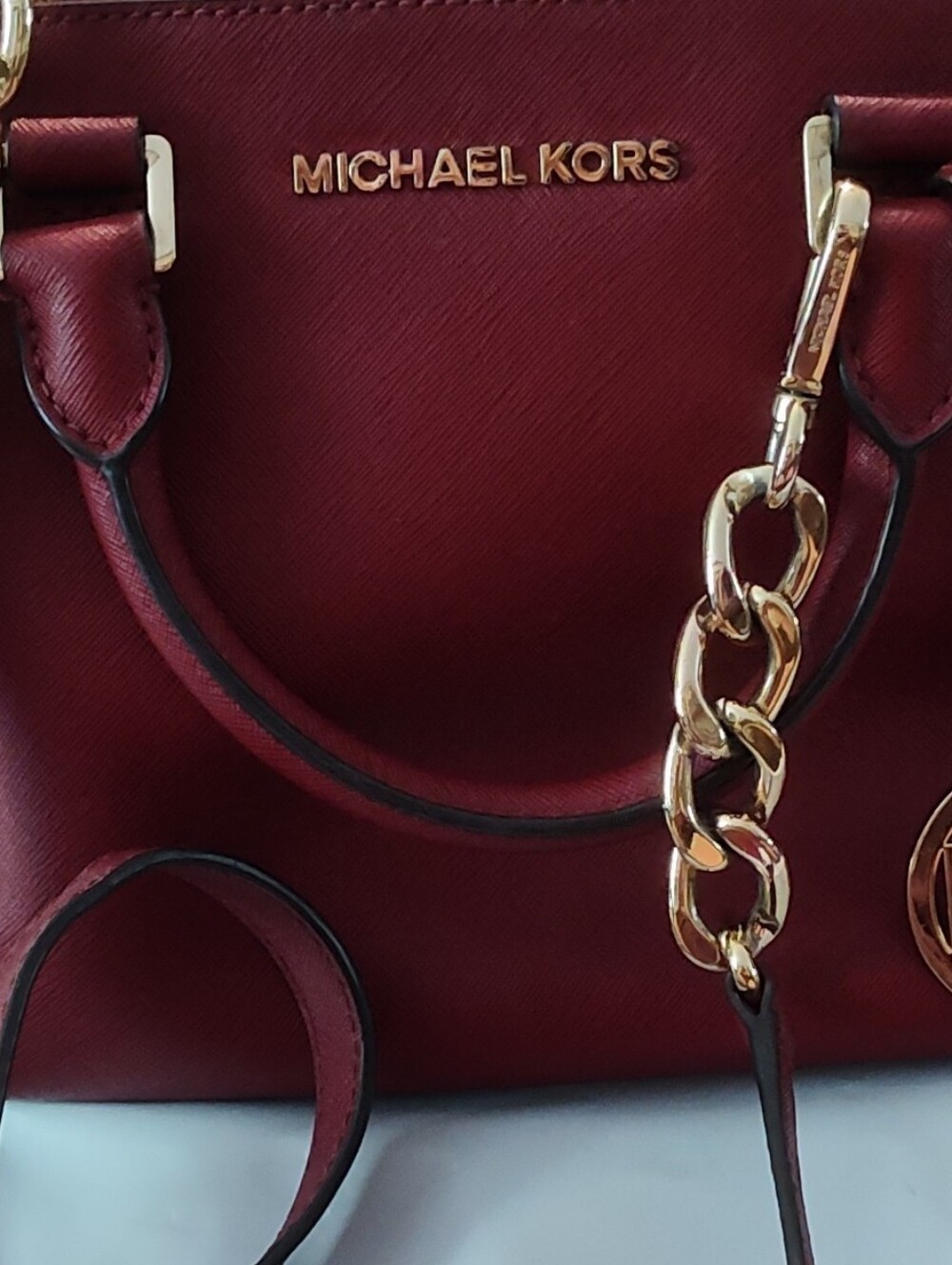 Michael Kors Merlot/Red-Burgundy Saffiano Leather Satchel with Gold Chain Detail